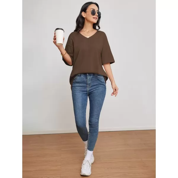 imageATHMILE Womens Oversized T Shirts V Neck Tees Half Sleeve Cozy Comfy Tunic 2024 Y2K Tops CasualBrown