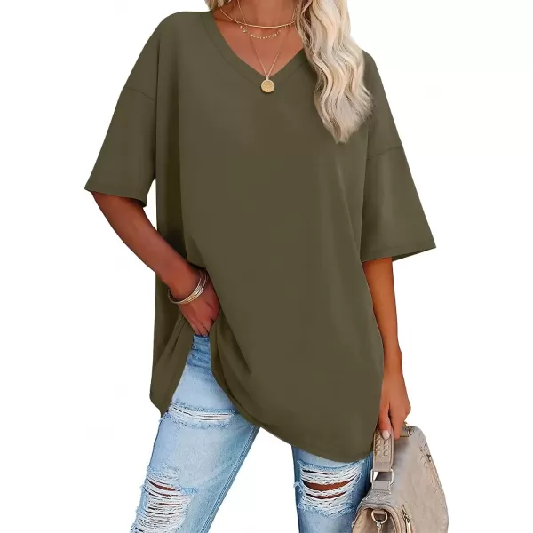 imageATHMILE Womens Oversized T Shirts V Neck Tees Half Sleeve Cozy Comfy Tunic 2024 Y2K Tops CasualArmy Green