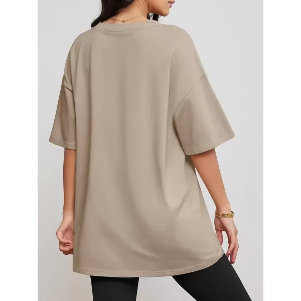 imageATHMILE Womens Oversized T Shirts V Neck Tees Half Sleeve Cozy Comfy Tunic 2024 Y2K Tops CasualKhaki