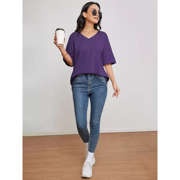 imageATHMILE Womens Oversized T Shirts V Neck Tees Half Sleeve Cozy Comfy Tunic 2024 Y2K Tops CasualDark Purple