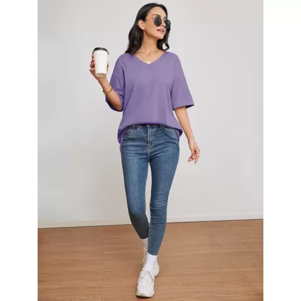 imageATHMILE Womens Oversized T Shirts V Neck Tees Half Sleeve Cozy Comfy Tunic 2024 Y2K Tops CasualLavender