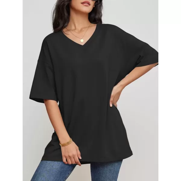 imageATHMILE Womens Oversized T Shirts V Neck Tees Half Sleeve Cozy Comfy Tunic 2024 Y2K Tops CasualBlack