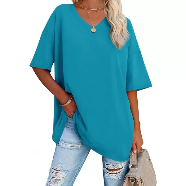 imageATHMILE Womens Oversized T Shirts V Neck Tees Half Sleeve Cozy Comfy Tunic 2024 Y2K Tops CasualLake Blue