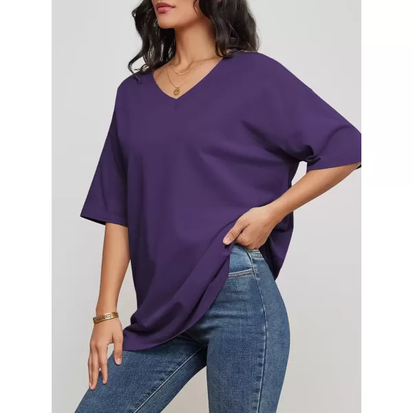 imageATHMILE Womens Oversized T Shirts V Neck Tees Half Sleeve Cozy Comfy Tunic 2024 Y2K Tops CasualDark Purple