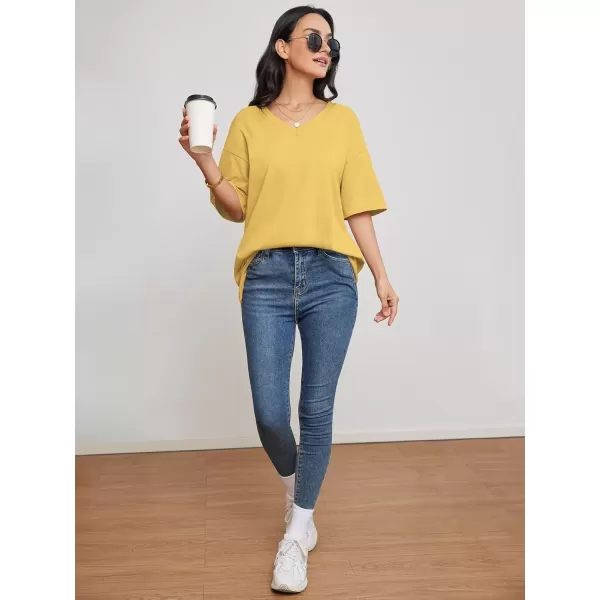 imageATHMILE Womens Oversized T Shirts V Neck Tees Half Sleeve Cozy Comfy Tunic 2024 Y2K Tops CasualLemon Yellow