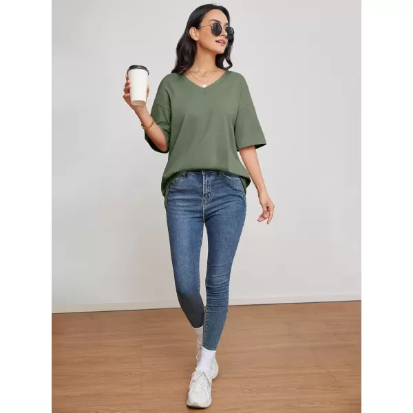 imageATHMILE Womens Oversized T Shirts V Neck Tees Half Sleeve Cozy Comfy Tunic 2024 Y2K Tops CasualDark Gray Green