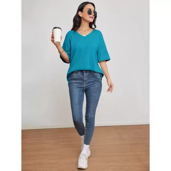 imageATHMILE Womens Oversized T Shirts V Neck Tees Half Sleeve Cozy Comfy Tunic 2024 Y2K Tops CasualLake Blue