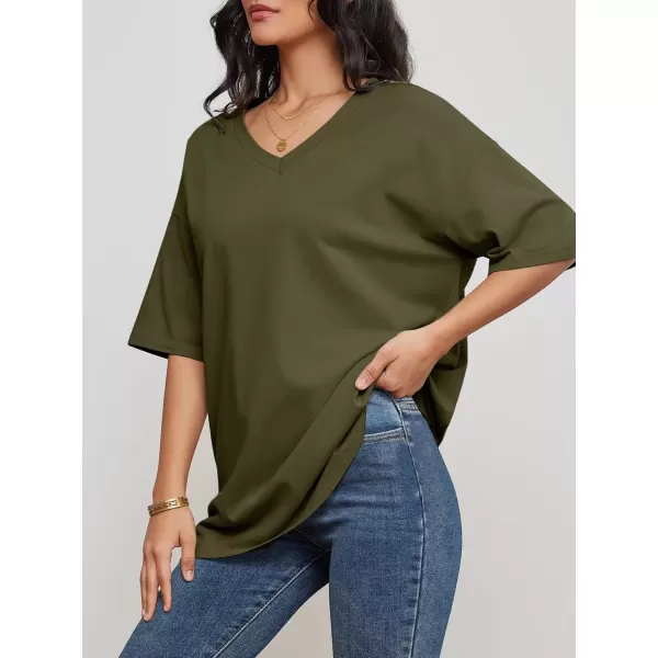 imageATHMILE Womens Oversized T Shirts V Neck Tees Half Sleeve Cozy Comfy Tunic 2024 Y2K Tops CasualArmy Green