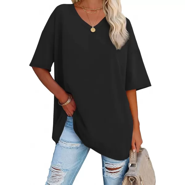 imageATHMILE Womens Oversized T Shirts V Neck Tees Half Sleeve Cozy Comfy Tunic 2024 Y2K Tops CasualBlack