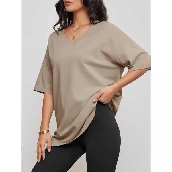 imageATHMILE Womens Oversized T Shirts V Neck Tees Half Sleeve Cozy Comfy Tunic 2024 Y2K Tops CasualKhaki