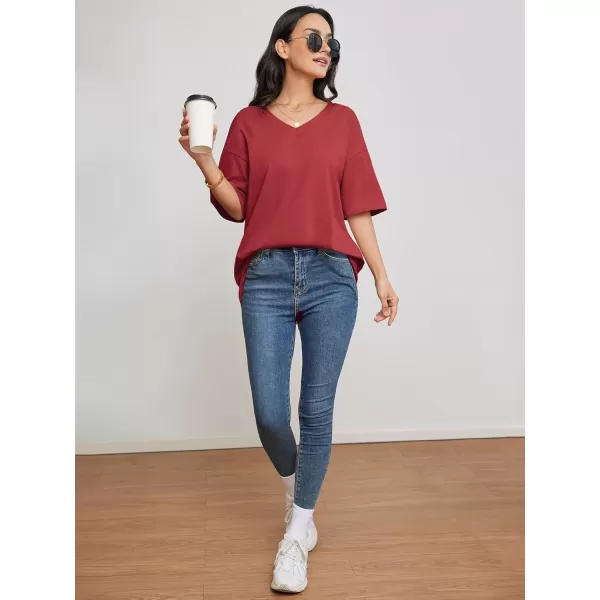 imageATHMILE Womens Oversized T Shirts V Neck Tees Half Sleeve Cozy Comfy Tunic 2024 Y2K Tops CasualRed
