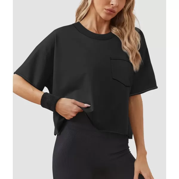 imageATHMILE Womens Oversized TShirts Short Sleeve Workout Crop Tops Casual Drop Shoulder Boxy Roll Hem Basic Loose TeesBlack