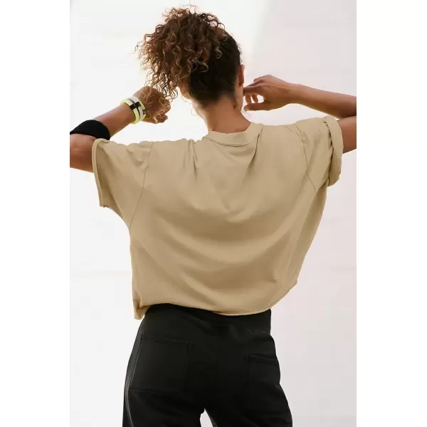 imageATHMILE Womens Oversized TShirts Short Sleeve Workout Crop Tops Casual Drop Shoulder Boxy Roll Hem Basic Loose TeesLightkhaki