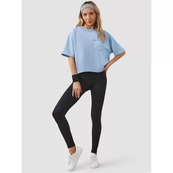 imageATHMILE Womens Oversized TShirts Short Sleeve Workout Crop Tops Casual Drop Shoulder Boxy Roll Hem Basic Loose TeesSkyblue