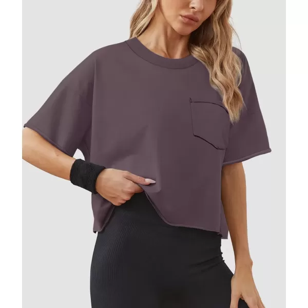 imageATHMILE Womens Oversized TShirts Short Sleeve Workout Crop Tops Casual Drop Shoulder Boxy Roll Hem Basic Loose TeesDarkpurple