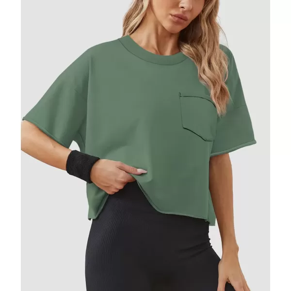 imageATHMILE Womens Oversized TShirts Short Sleeve Workout Crop Tops Casual Drop Shoulder Boxy Roll Hem Basic Loose TeesDarkgreen