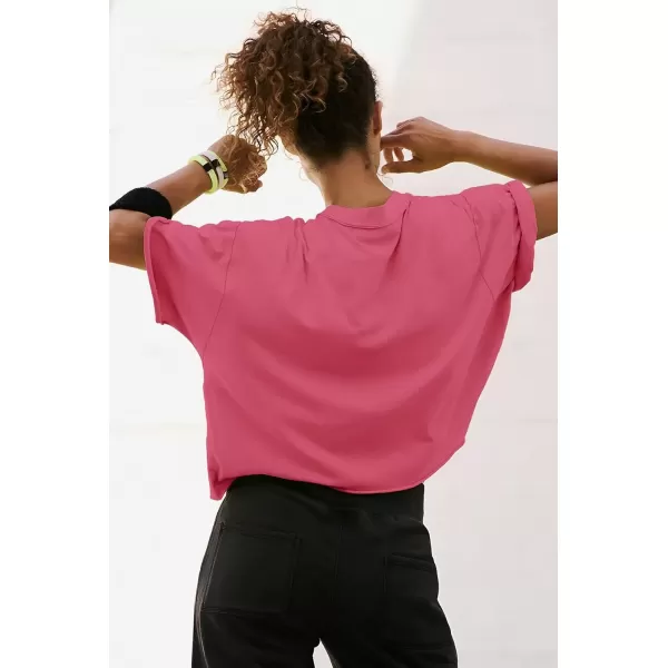 imageATHMILE Womens Oversized TShirts Short Sleeve Workout Crop Tops Casual Drop Shoulder Boxy Roll Hem Basic Loose TeesHotpink