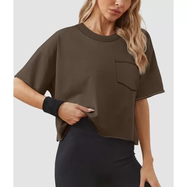 imageATHMILE Womens Oversized TShirts Short Sleeve Workout Crop Tops Casual Drop Shoulder Boxy Roll Hem Basic Loose TeesBrown