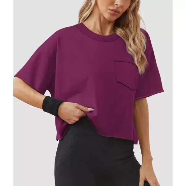 imageATHMILE Womens Oversized TShirts Short Sleeve Workout Crop Tops Casual Drop Shoulder Boxy Roll Hem Basic Loose TeesPurple Red