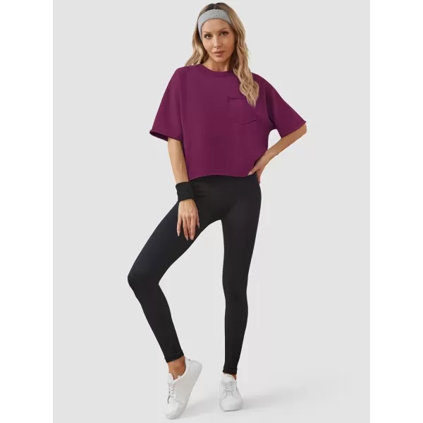 imageATHMILE Womens Oversized TShirts Short Sleeve Workout Crop Tops Casual Drop Shoulder Boxy Roll Hem Basic Loose TeesPurple Red