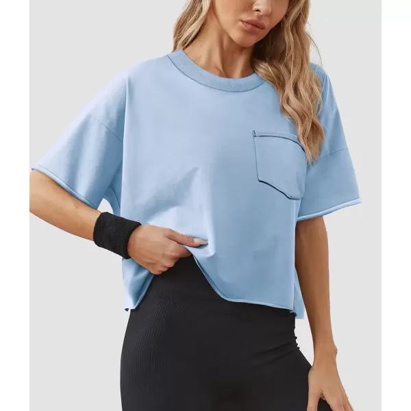 imageATHMILE Womens Oversized TShirts Short Sleeve Workout Crop Tops Casual Drop Shoulder Boxy Roll Hem Basic Loose TeesSkyblue