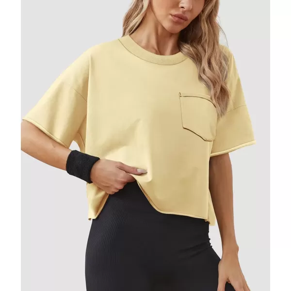 imageATHMILE Womens Oversized TShirts Short Sleeve Workout Crop Tops Casual Drop Shoulder Boxy Roll Hem Basic Loose TeesBeige
