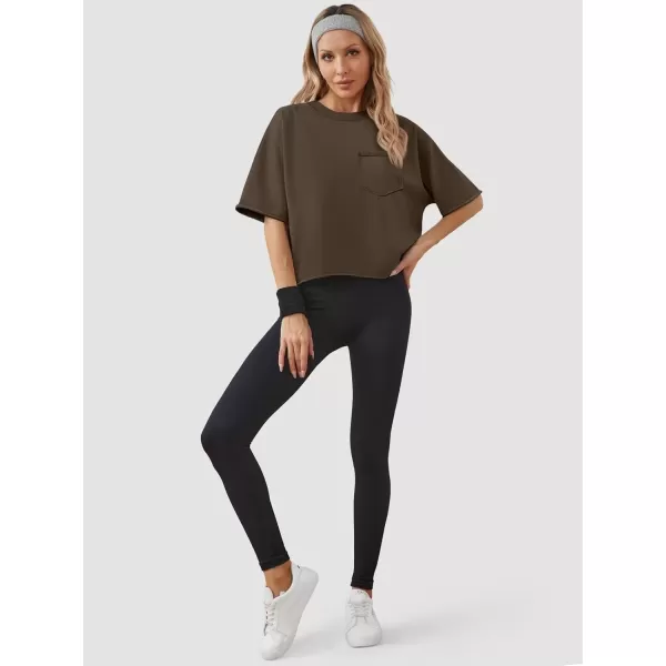 imageATHMILE Womens Oversized TShirts Short Sleeve Workout Crop Tops Casual Drop Shoulder Boxy Roll Hem Basic Loose TeesBrown