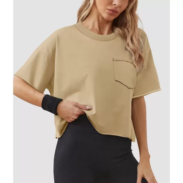 imageATHMILE Womens Oversized TShirts Short Sleeve Workout Crop Tops Casual Drop Shoulder Boxy Roll Hem Basic Loose TeesLightkhaki