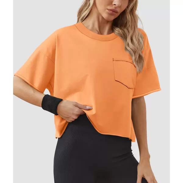 imageATHMILE Womens Oversized TShirts Short Sleeve Workout Crop Tops Casual Drop Shoulder Boxy Roll Hem Basic Loose TeesOrange