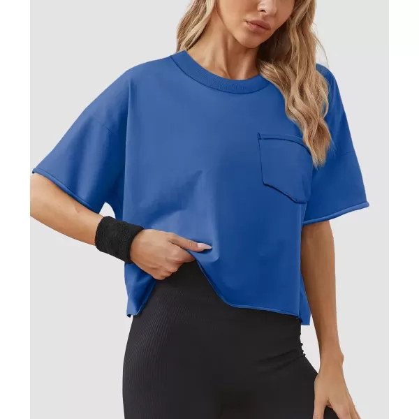 imageATHMILE Womens Oversized TShirts Short Sleeve Workout Crop Tops Casual Drop Shoulder Boxy Roll Hem Basic Loose TeesBlue