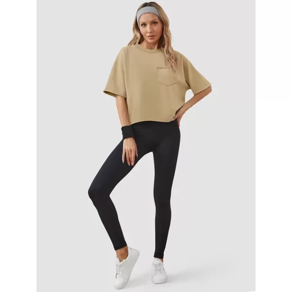 imageATHMILE Womens Oversized TShirts Short Sleeve Workout Crop Tops Casual Drop Shoulder Boxy Roll Hem Basic Loose TeesLightkhaki