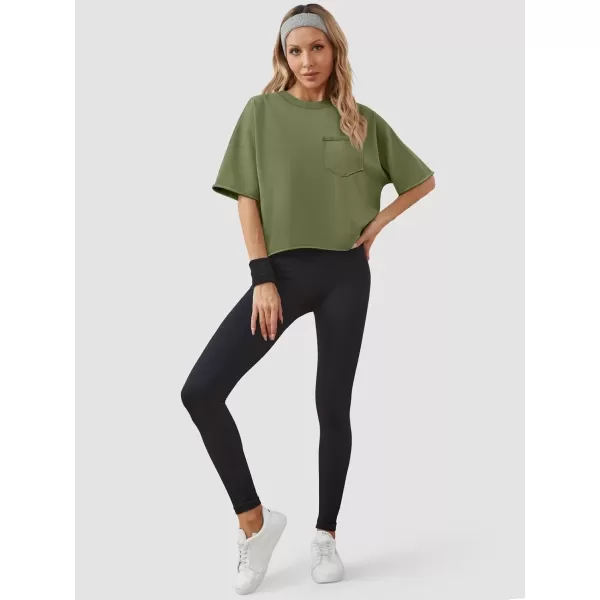 imageATHMILE Womens Oversized TShirts Short Sleeve Workout Crop Tops Casual Drop Shoulder Boxy Roll Hem Basic Loose TeesArmygreen