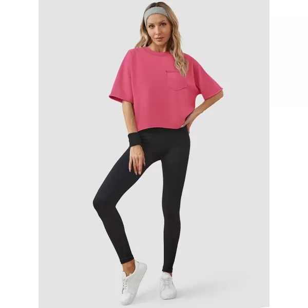 imageATHMILE Womens Oversized TShirts Short Sleeve Workout Crop Tops Casual Drop Shoulder Boxy Roll Hem Basic Loose TeesHotpink