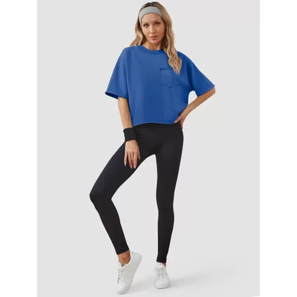 imageATHMILE Womens Oversized TShirts Short Sleeve Workout Crop Tops Casual Drop Shoulder Boxy Roll Hem Basic Loose TeesBlue