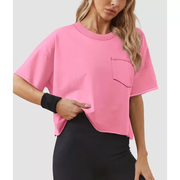 imageATHMILE Womens Oversized TShirts Short Sleeve Workout Crop Tops Casual Drop Shoulder Boxy Roll Hem Basic Loose TeesPink
