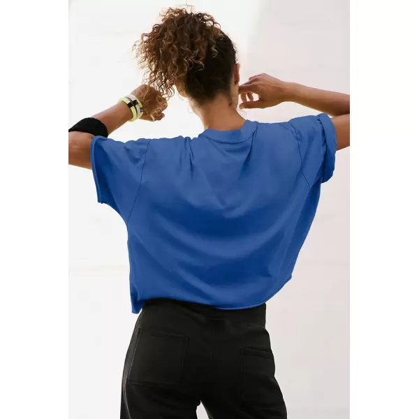 imageATHMILE Womens Oversized TShirts Short Sleeve Workout Crop Tops Casual Drop Shoulder Boxy Roll Hem Basic Loose TeesBlue
