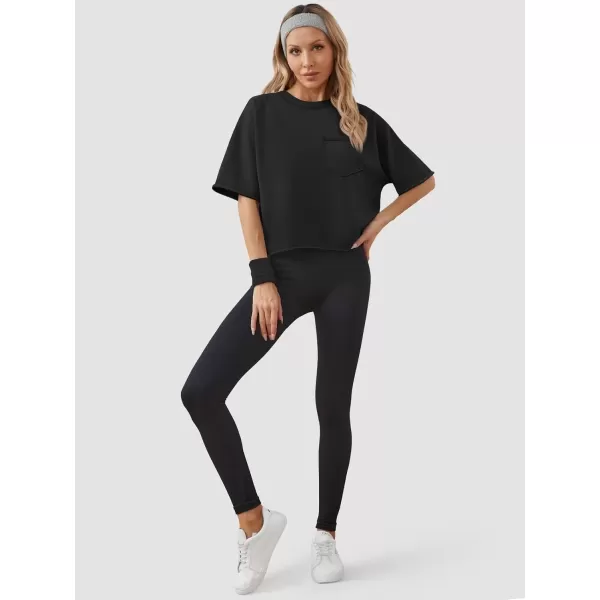 imageATHMILE Womens Oversized TShirts Short Sleeve Workout Crop Tops Casual Drop Shoulder Boxy Roll Hem Basic Loose TeesBlack