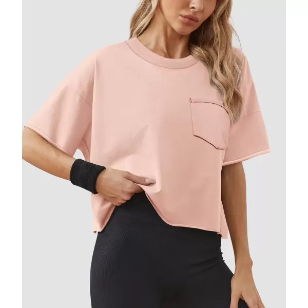 imageATHMILE Womens Oversized TShirts Short Sleeve Workout Crop Tops Casual Drop Shoulder Boxy Roll Hem Basic Loose TeesLightpink