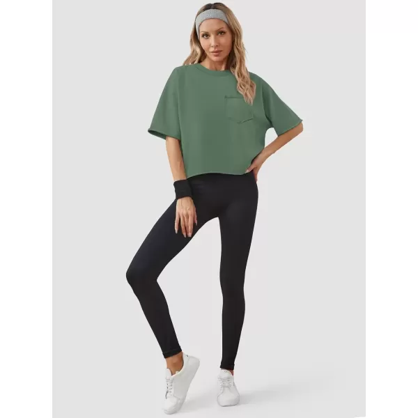imageATHMILE Womens Oversized TShirts Short Sleeve Workout Crop Tops Casual Drop Shoulder Boxy Roll Hem Basic Loose TeesDarkgreen