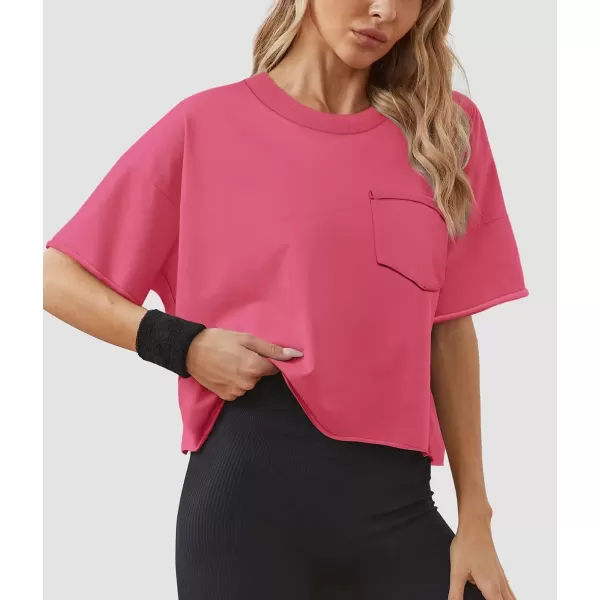 imageATHMILE Womens Oversized TShirts Short Sleeve Workout Crop Tops Casual Drop Shoulder Boxy Roll Hem Basic Loose TeesHotpink