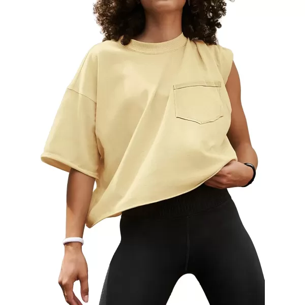 imageATHMILE Womens Oversized TShirts Short Sleeve Workout Crop Tops Casual Drop Shoulder Boxy Roll Hem Basic Loose TeesBeige