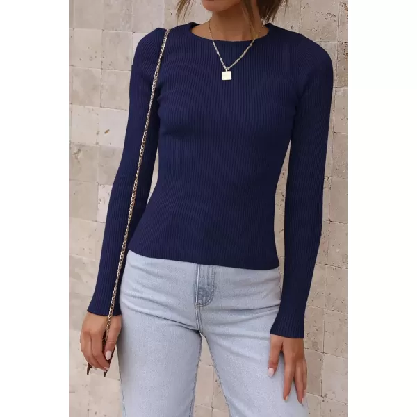 imageATHMILE Womens Ribbed Knit T Shirt Casual Crewneck Tops Short SleeveLong Sleeve Sweaters Slim Fit Basic TeesNavy
