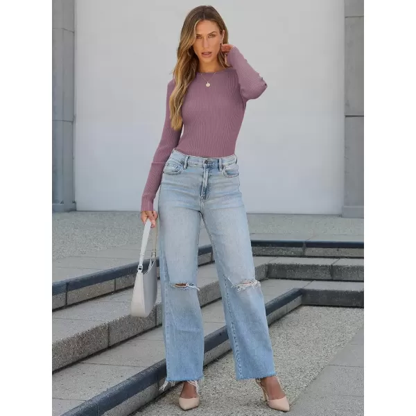 imageATHMILE Womens Ribbed Knit T Shirt Casual Crewneck Tops Short SleeveLong Sleeve Sweaters Slim Fit Basic TeesDark Pink