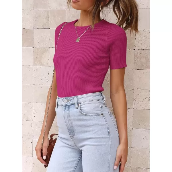 imageATHMILE Womens Ribbed Knit T Shirt Casual Crewneck Tops Short SleeveLong Sleeve Sweaters Slim Fit Basic TeesHotpinkshort Sleeve