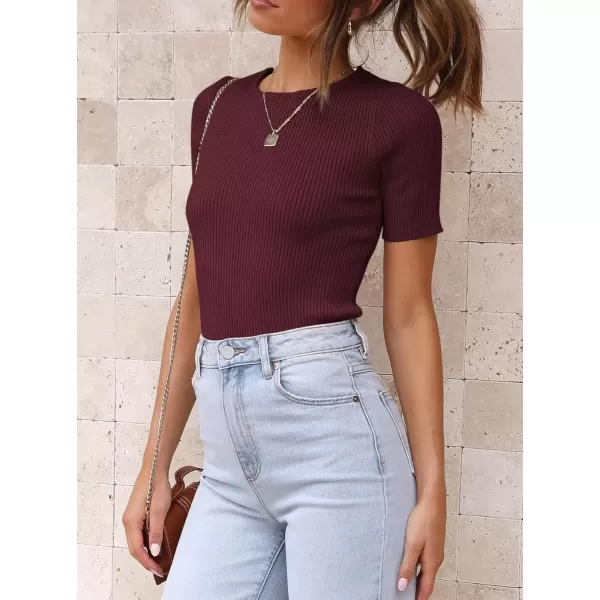 imageATHMILE Womens Ribbed Knit T Shirt Casual Crewneck Tops Short SleeveLong Sleeve Sweaters Slim Fit Basic TeesWineredshort Sleeve