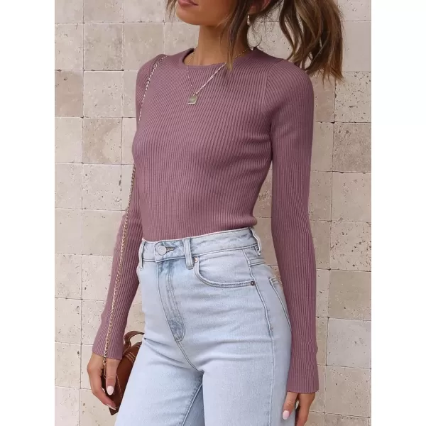 imageATHMILE Womens Ribbed Knit T Shirt Casual Crewneck Tops Short SleeveLong Sleeve Sweaters Slim Fit Basic TeesDark Pink