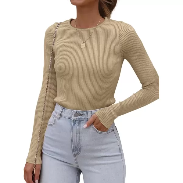 imageATHMILE Womens Ribbed Knit T Shirt Casual Crewneck Tops Short SleeveLong Sleeve Sweaters Slim Fit Basic TeesToffee