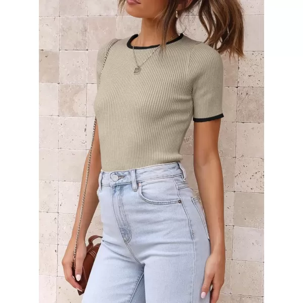 imageATHMILE Womens Ribbed Knit T Shirt Casual Crewneck Tops Short SleeveLong Sleeve Sweaters Slim Fit Basic TeesAlmondblackshort Sleeve