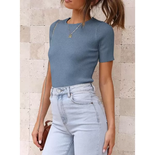 imageATHMILE Womens Ribbed Knit T Shirt Casual Crewneck Tops Short SleeveLong Sleeve Sweaters Slim Fit Basic TeesDustyblueshort Sleeve