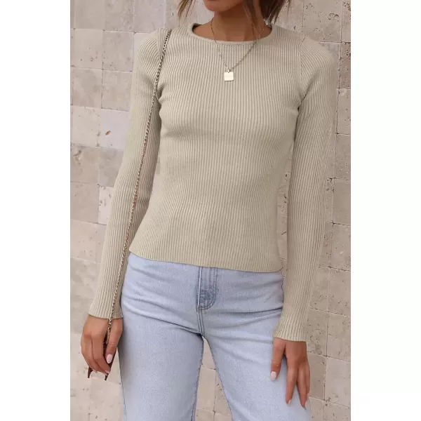 imageATHMILE Womens Ribbed Knit T Shirt Casual Crewneck Tops Short SleeveLong Sleeve Sweaters Slim Fit Basic TeesAlmond